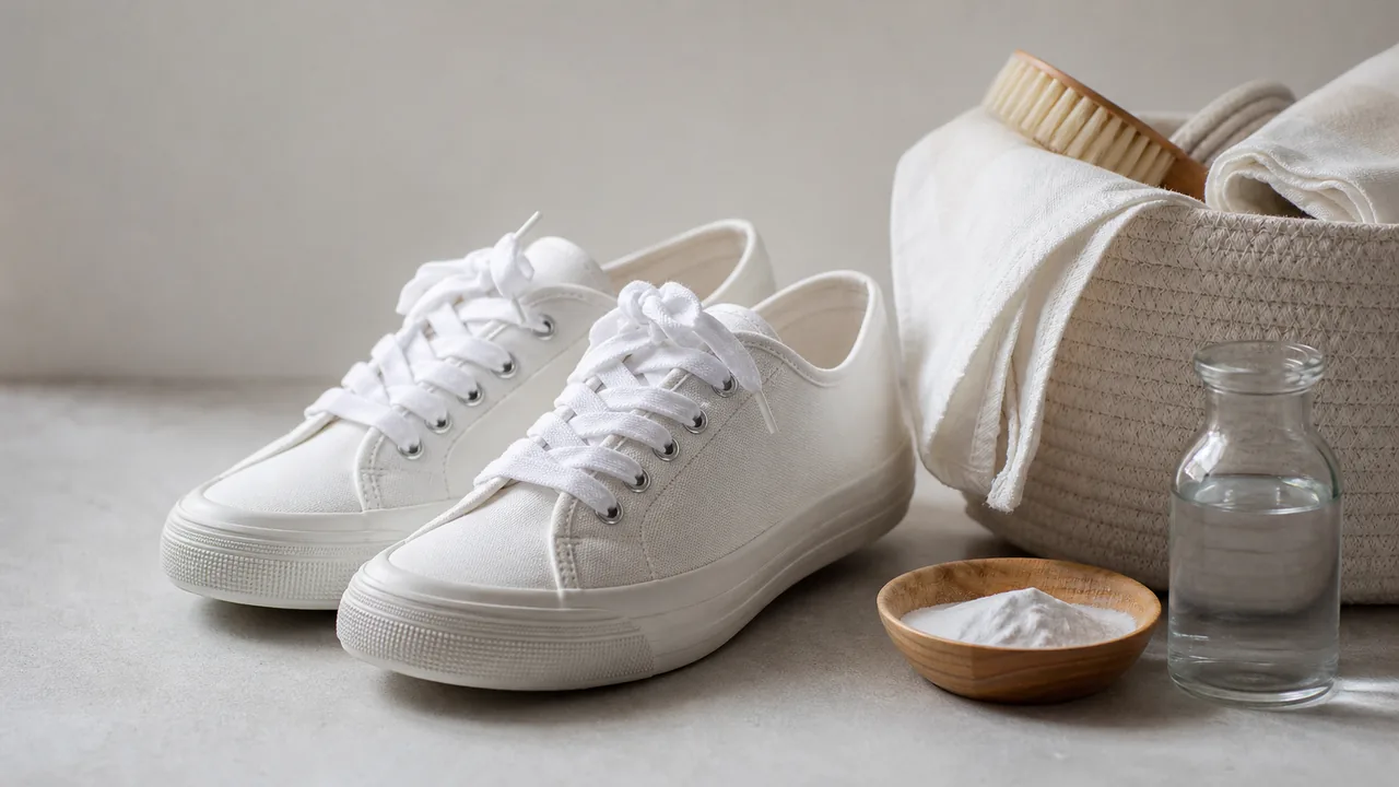 Baskets en toile blanche propres près de produits de lavage doux