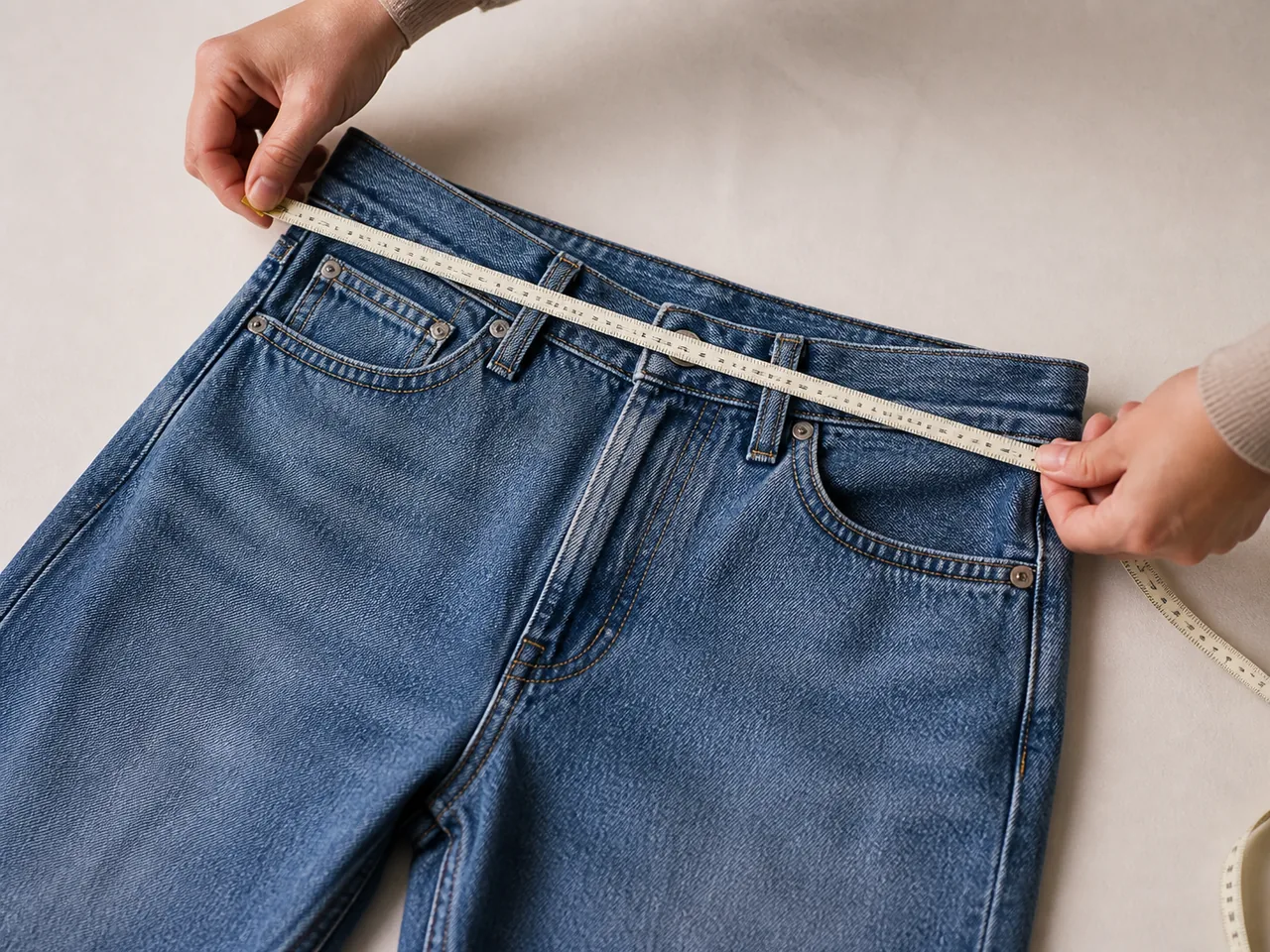 Mains mesurant la taille d'un jean avec un mètre ruban
