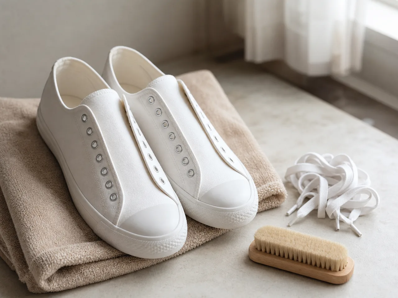 Baskets blanches délacées avec brosse douce sur une serviette