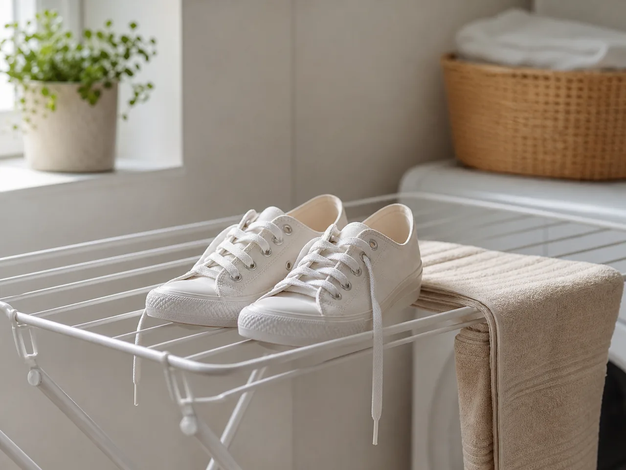 Baskets blanches qui sèchent naturellement dans une buanderie lumineuse