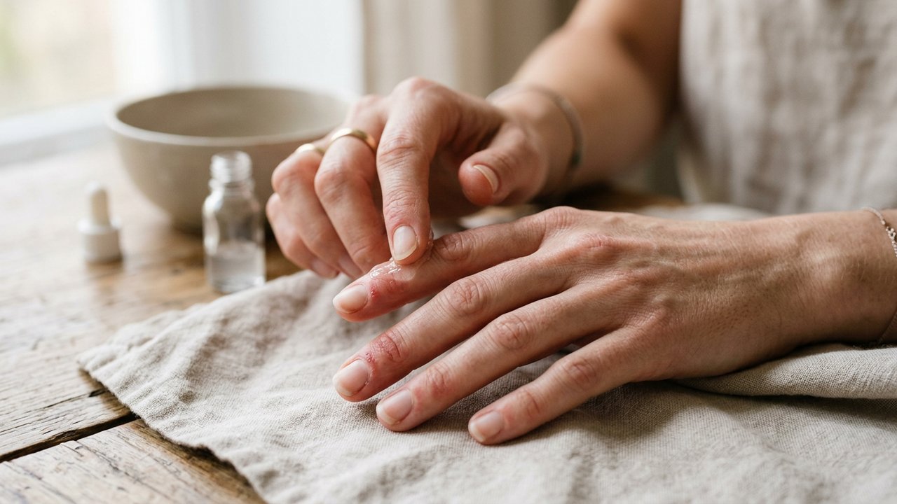 Application de crème apaisante sur doigt irrité après retrait du vernis
