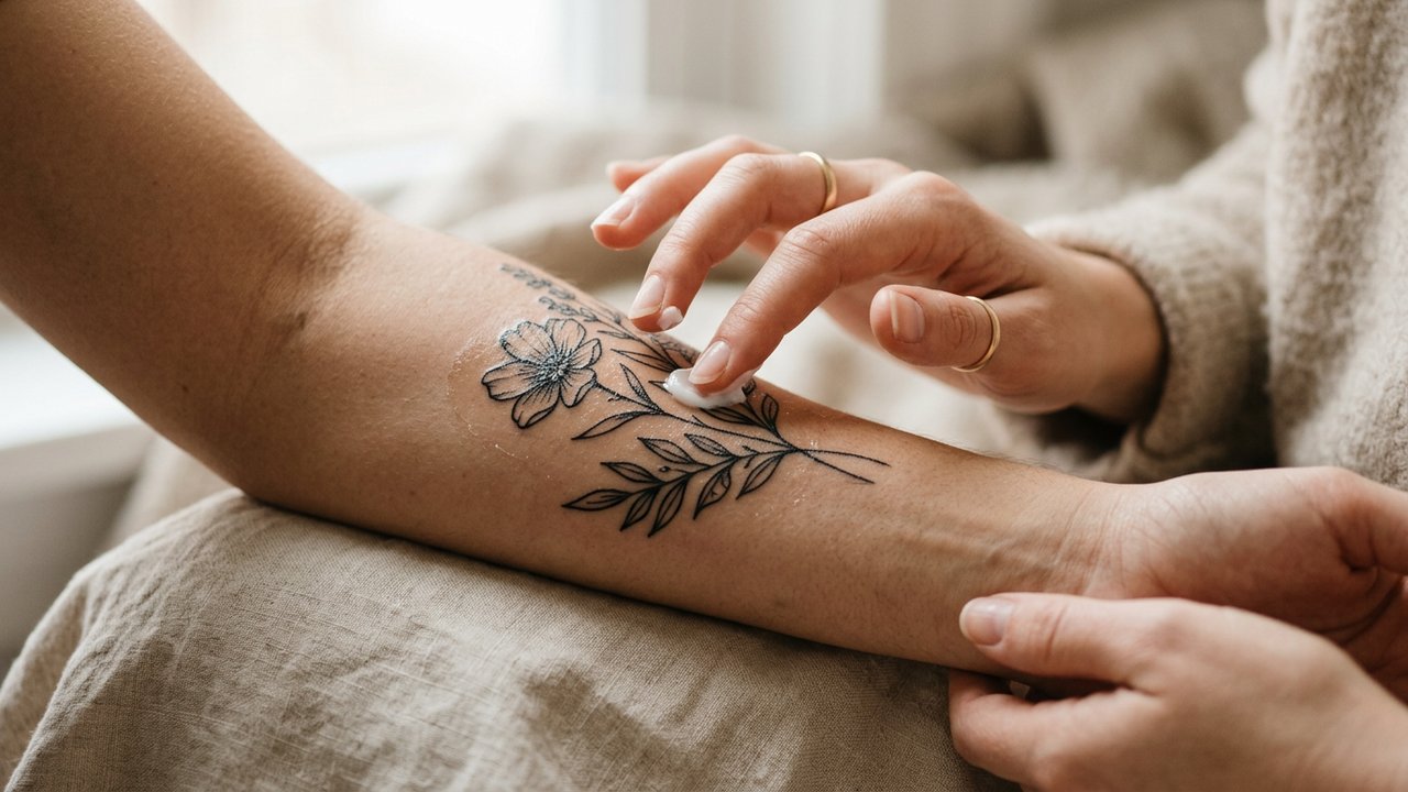 Application correcte de crème cicatrisante sur un tatouage en cours de cicatrisation