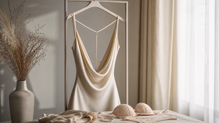 Robe dos nu élégante avec accessoires de lingerie discrets