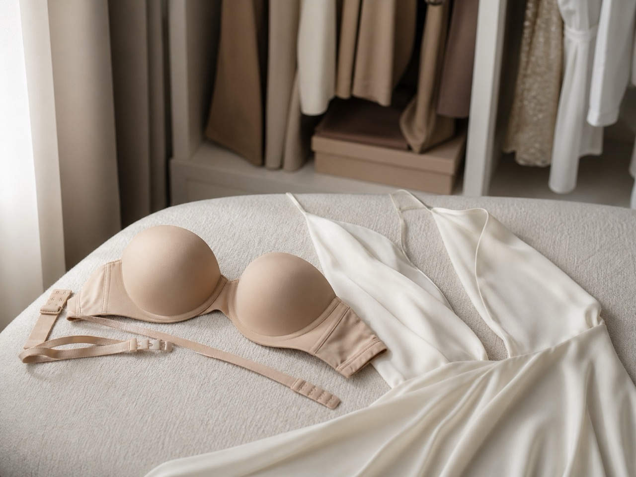 Soutien-gorge multiposition nude près d'une robe dos nu
