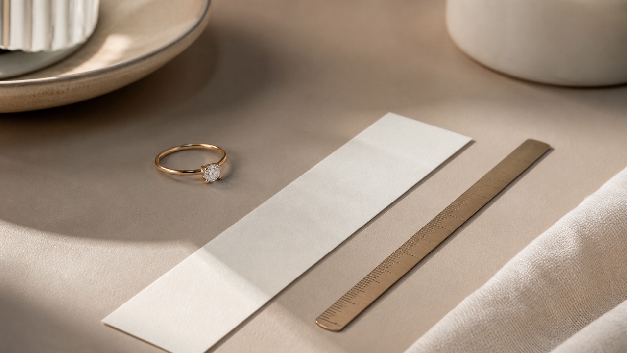 Bague et bande de papier pour mesurer un tour de doigt