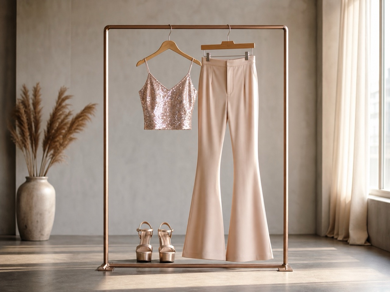 Tenue disco féminine avec haut à sequins et pantalon évasé