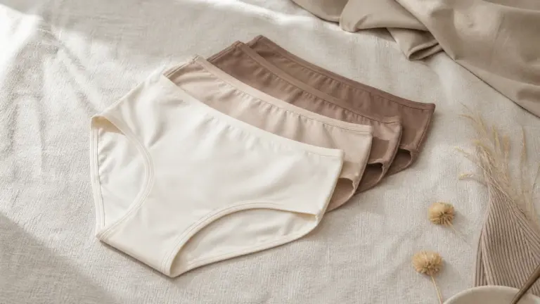 Sélection de sous-vêtements féminins pliés sur un tissu neutre