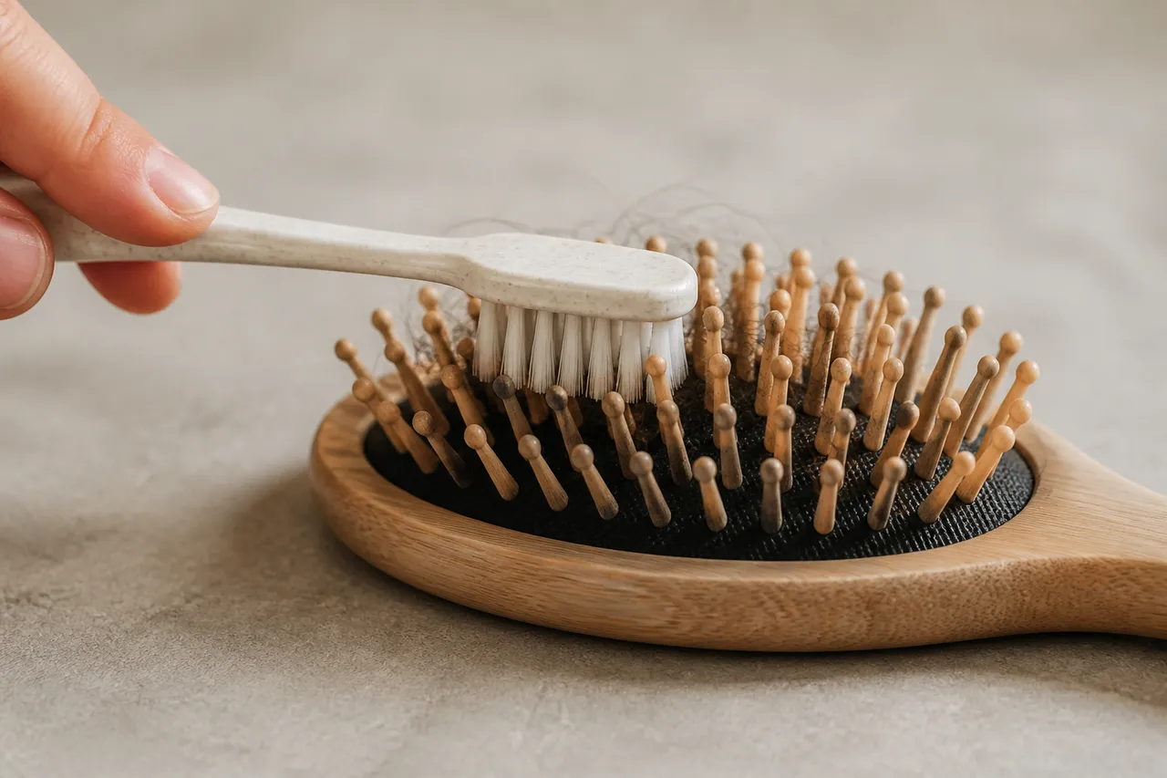Nettoyage d'une brosse à cheveux avec une brosse à dents