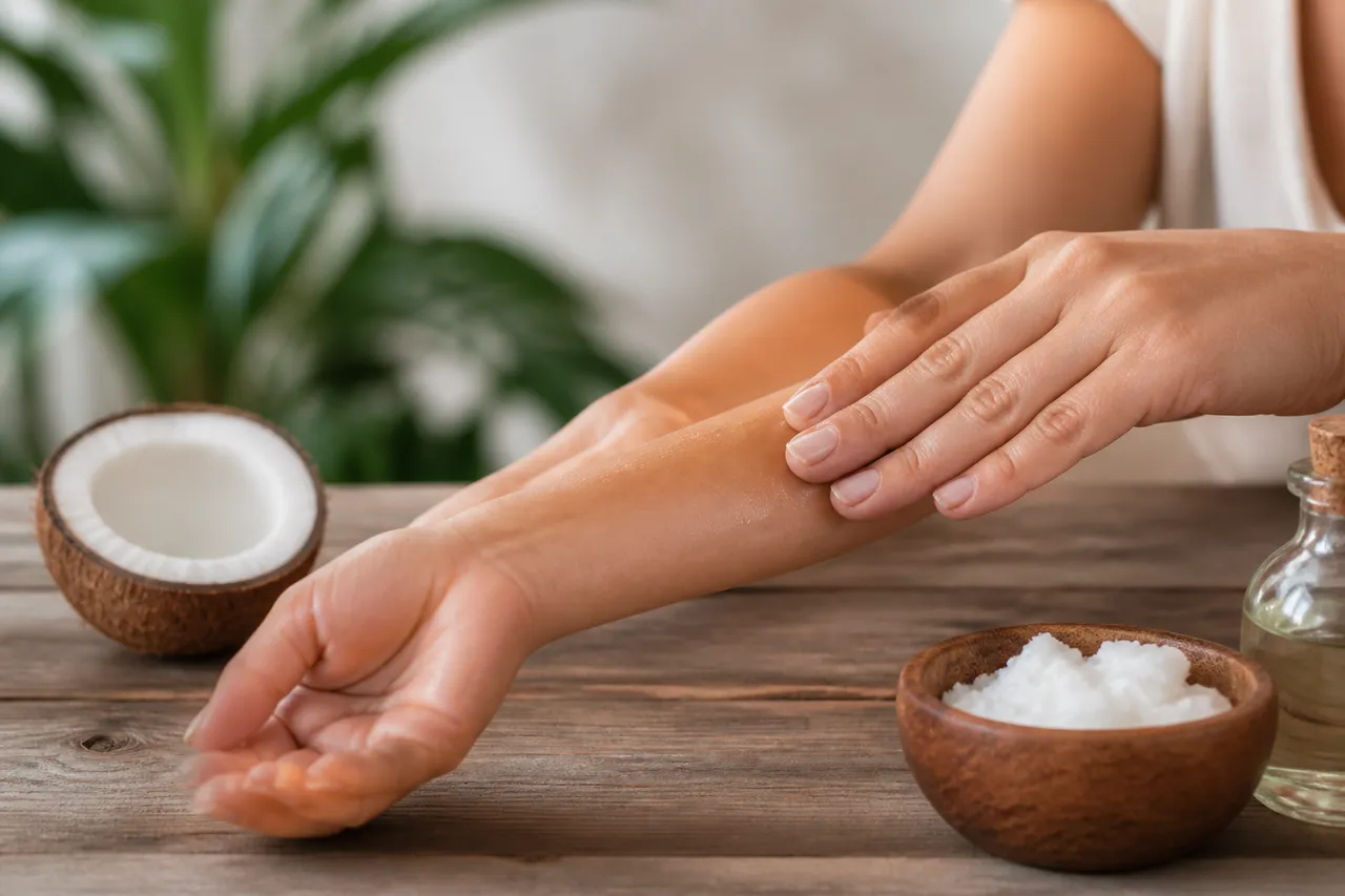 Huile de coco sur la peau avant d’enlever l’autobronzant