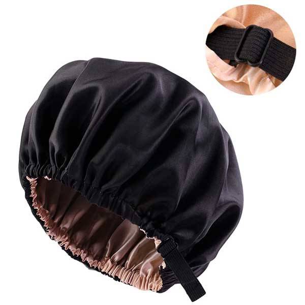 Bonnet de Nuit de protection cheveux en Satin noir réversible